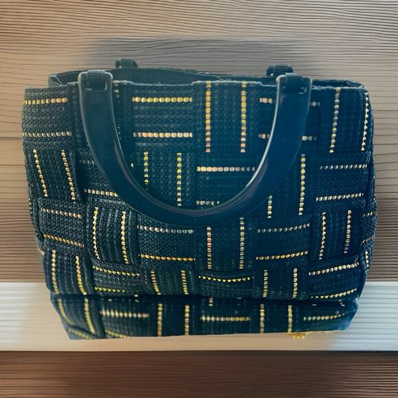 Vintage M&G Bertini Black and Gold Tote Bag Double Lucite Handles Made In Italy - Picture 2 of 12